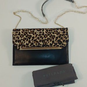 Zahara Clutch Envelope Crossbody Leopard Printed Cowhide Soft Black Leather NWOT
